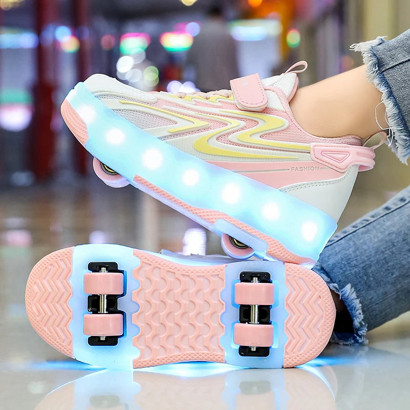 2025儿童暴走鞋女童鞋一键自动收缩四轮变形学生溜冰鞋隐形轮滑鞋