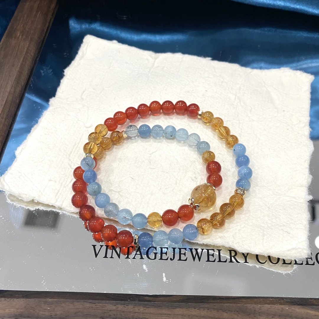 原创双圈黄塔晶拼红玛瑙多宝女款高级感轻奢手链 多样性发一SL121