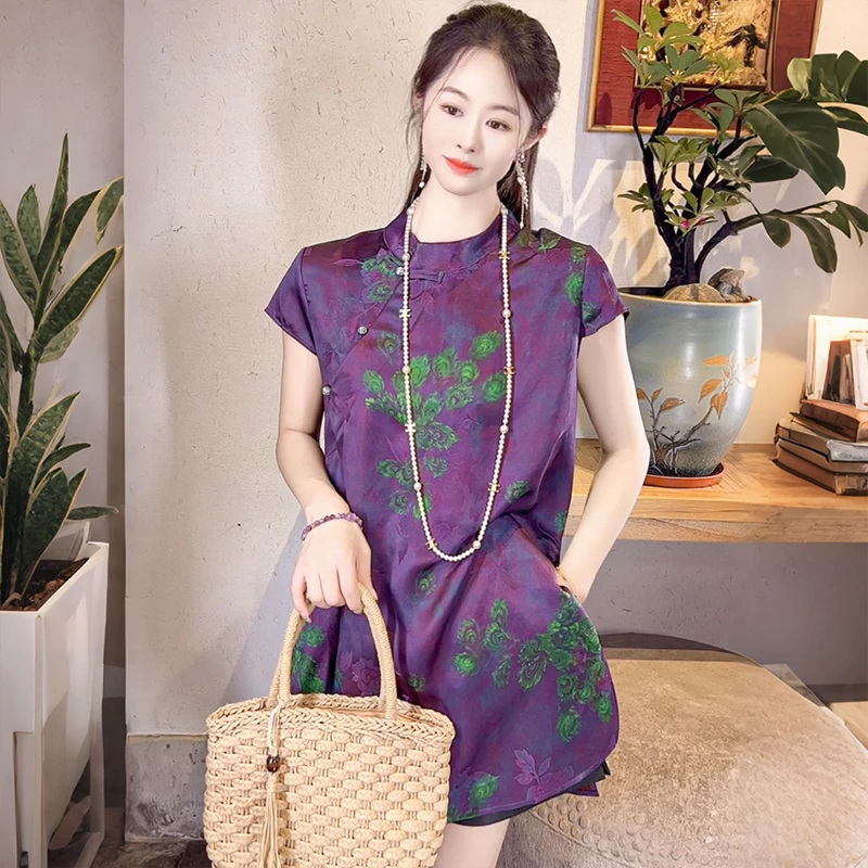 暗夜贵族！新中式100桑蚕丝香云纱改良旗袍女紫色真丝连衣裙短款