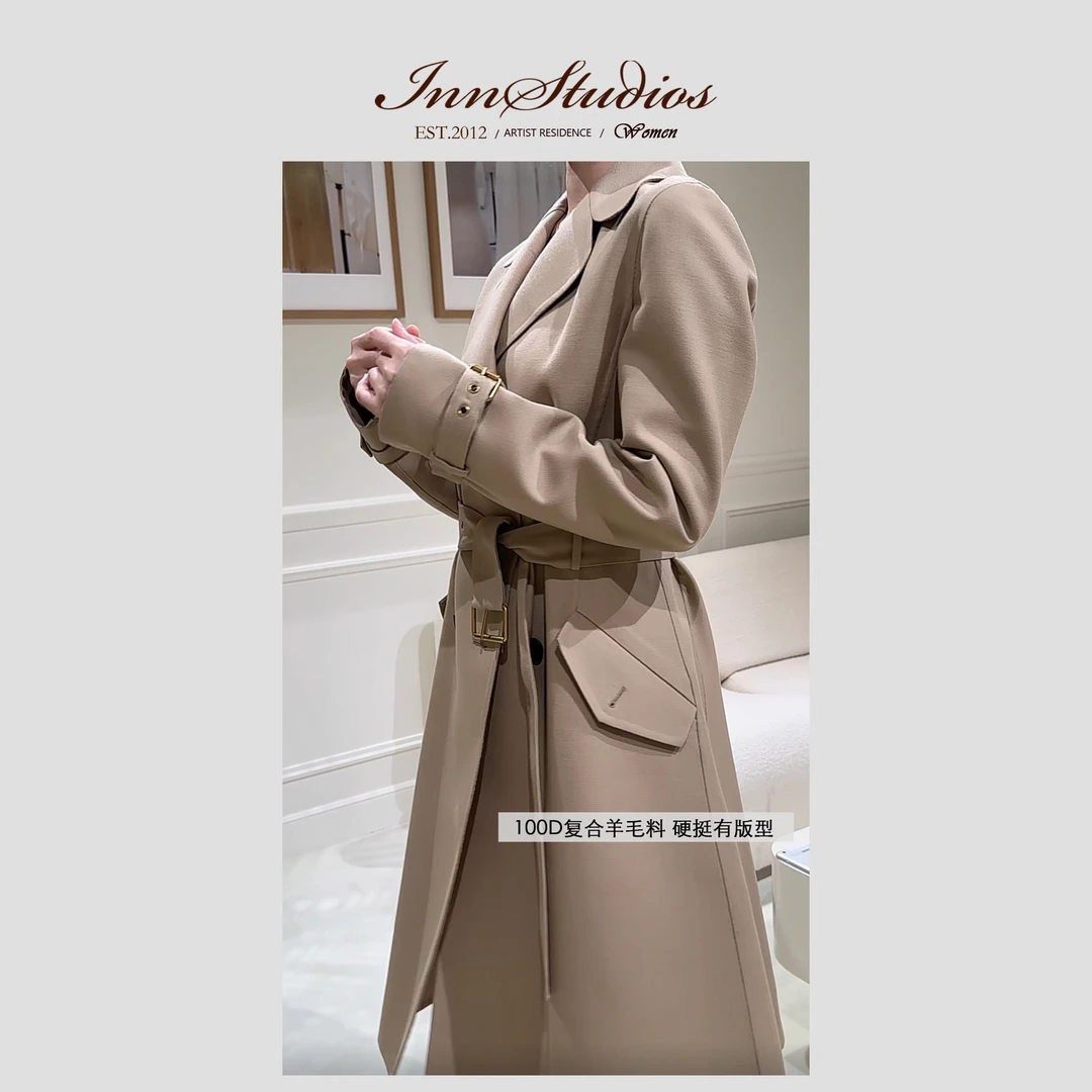 Innstudios 本期主角 D家风衣 利落廓形秀场卡其色中长款风衣