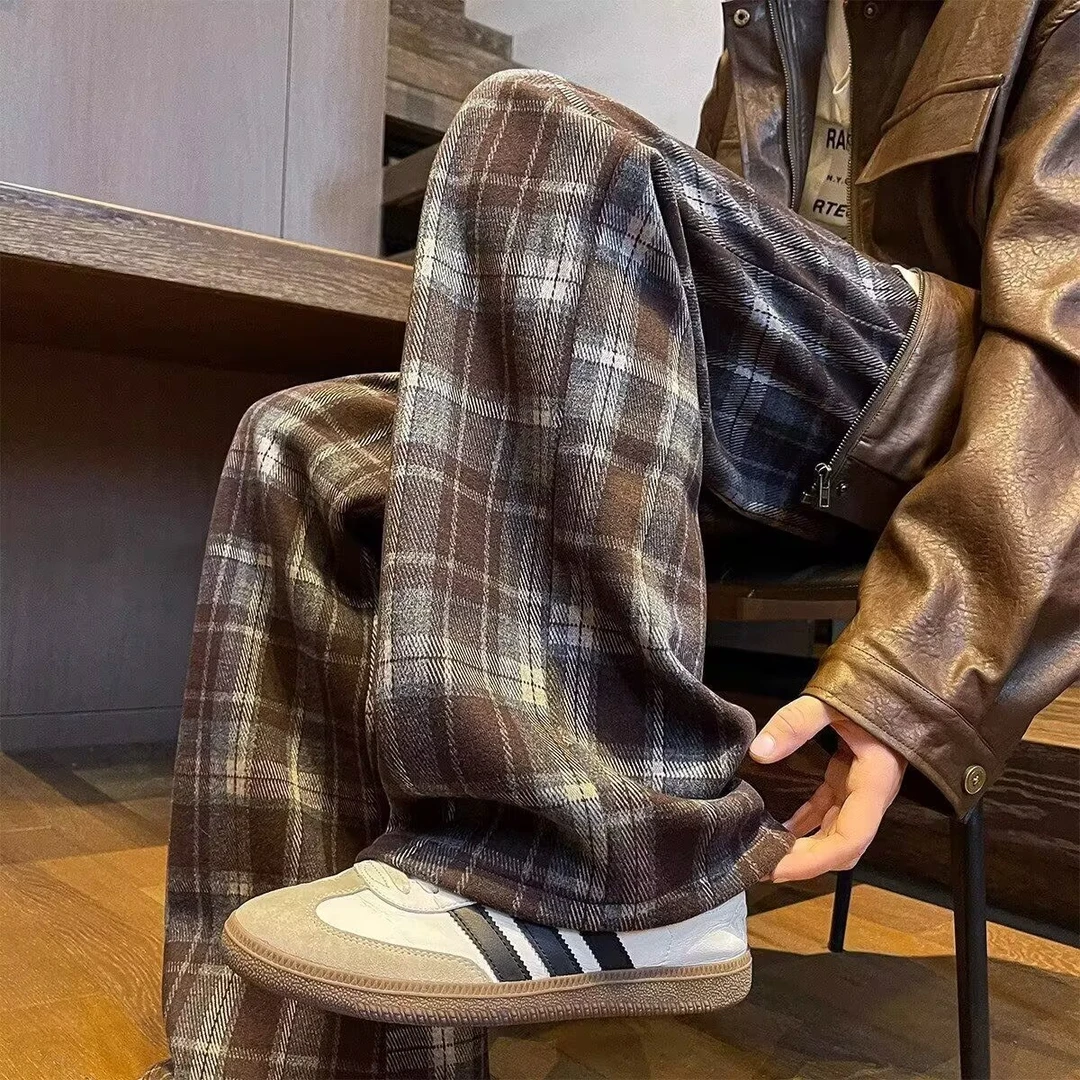 美式复古加绒加厚撞色格子裤男秋冬垂感直筒阔腿拖地休闲卫裤