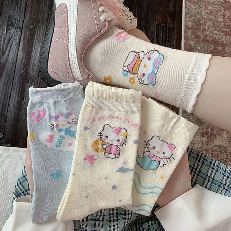 袜子女ins潮百搭日系泳装可爱猫咪卡通堆堆袜透气花边中筒袜yw