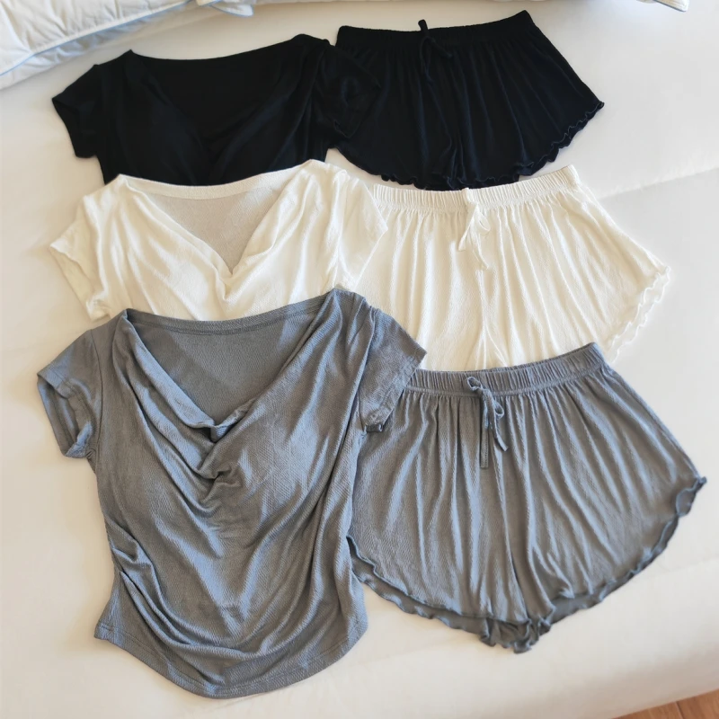 高级感纯棉带胸垫睡衣女士春夏季短袖短裤两件套新款纯欲风家居服