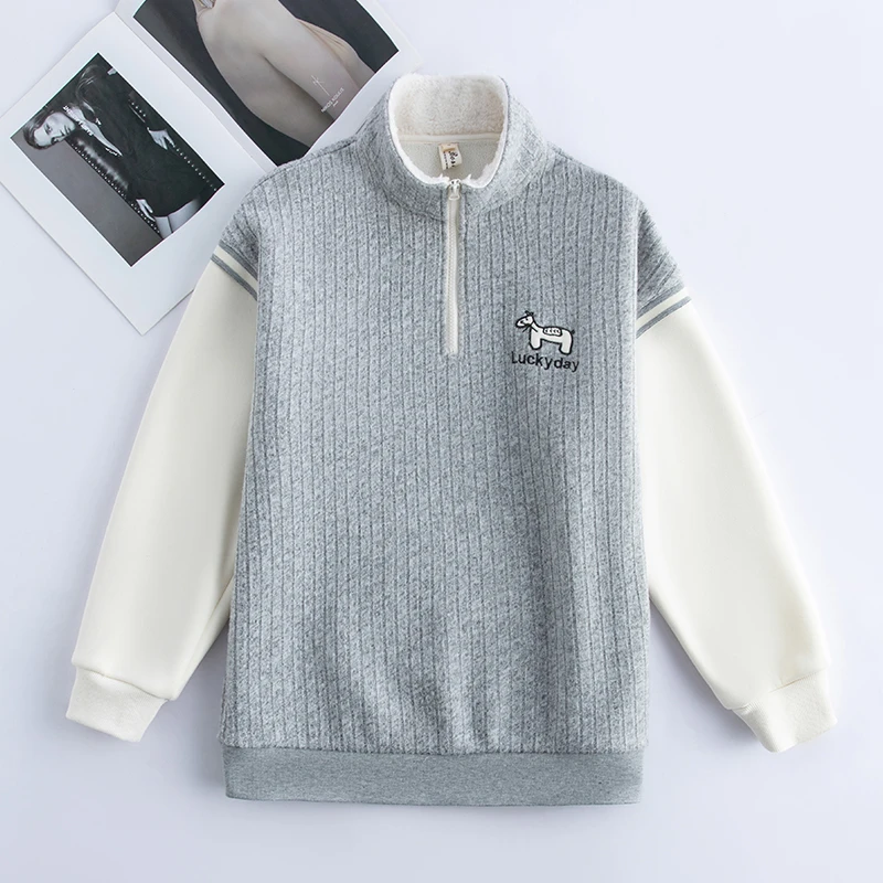 冬季学院风常规套头加绒加厚卫衣上衣立领保暖休闲时尚