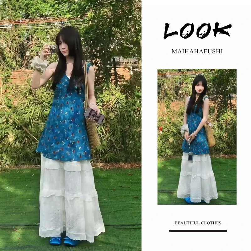 夏季时尚一整套女装2025新款茶歇法式V领碎花上衣显瘦裤裙两件套