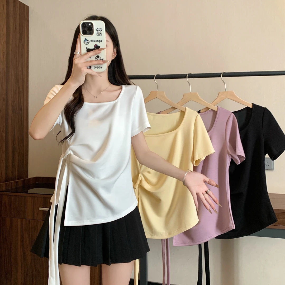 2025年大码女装新款设计感不规则绑定别致T恤上衣 3208