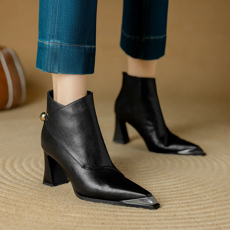 牛皮7.5cm～复古金属尖头粗跟加绒保暖短靴厚男时尚短靴女冬季短筒