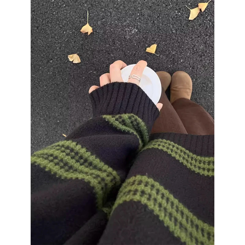 复古条纹拼接设计感圆领针织毛衣女秋季小众慵懒风内搭打底上衣