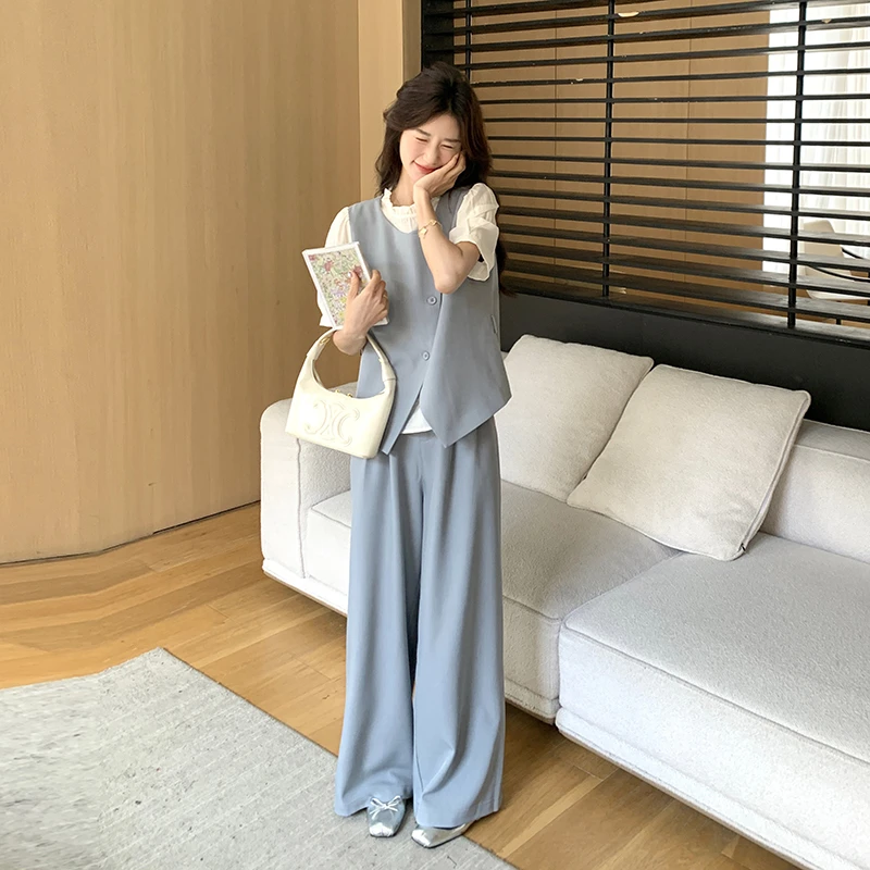 一整套ootd穿搭减龄撞色拼接假两件上衣阔腿裤两件独特超好看套装