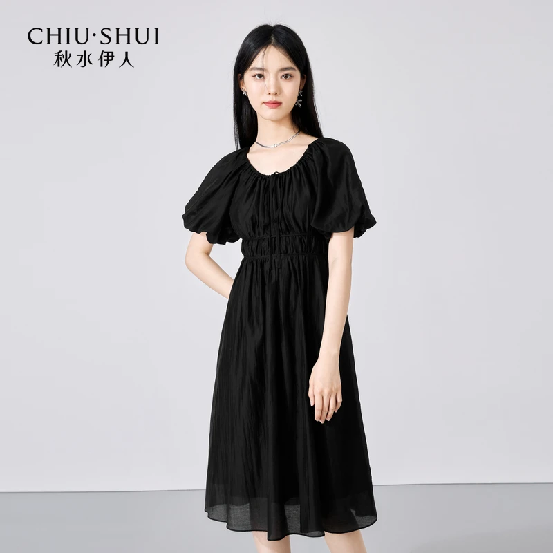 【折扣】秋水伊人花苞袖连衣裙新款静谧黑裙子623204D020537