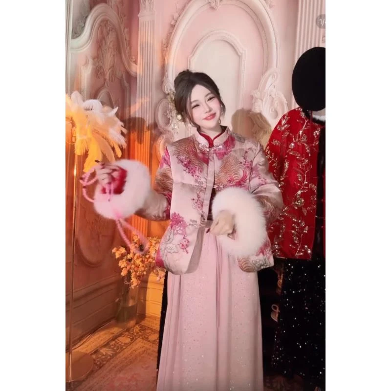 【崔】凤凰绮梦 W0301中国风时尚女外套春季新款盘扣提花段毛袖棉服