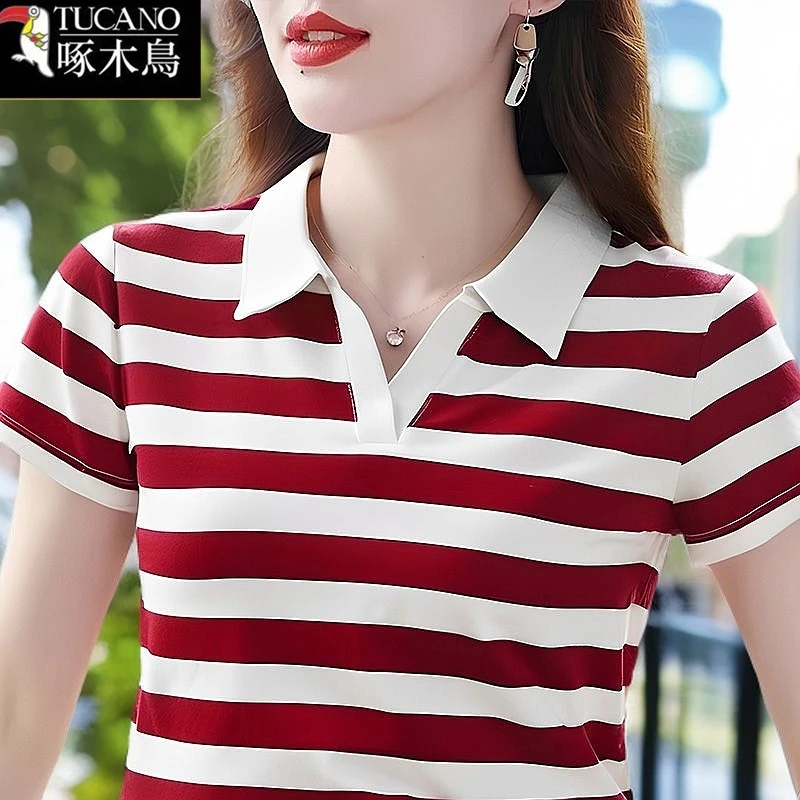 啄木鸟2025年新款条纹短袖翻领t恤夏季薄款设计感简约通勤上衣女