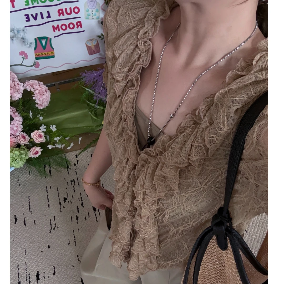 晶咕软软【甜辣双生】法式重工小众设计感花边蕾丝罩衫+吊带