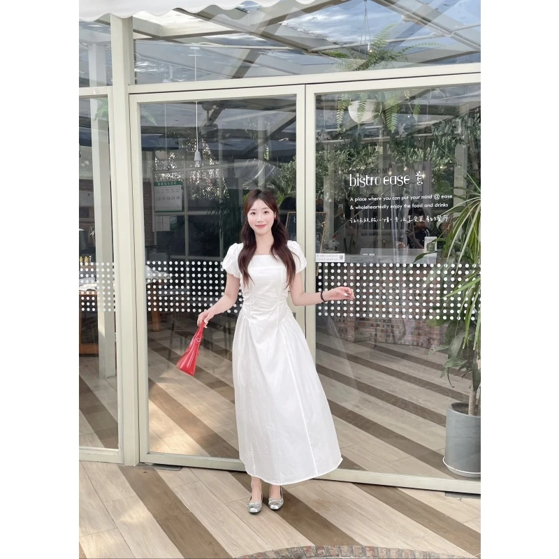 YPP！【月光童话】  夏季新款法式方领褶皱收腰设计感连衣裙a字裙