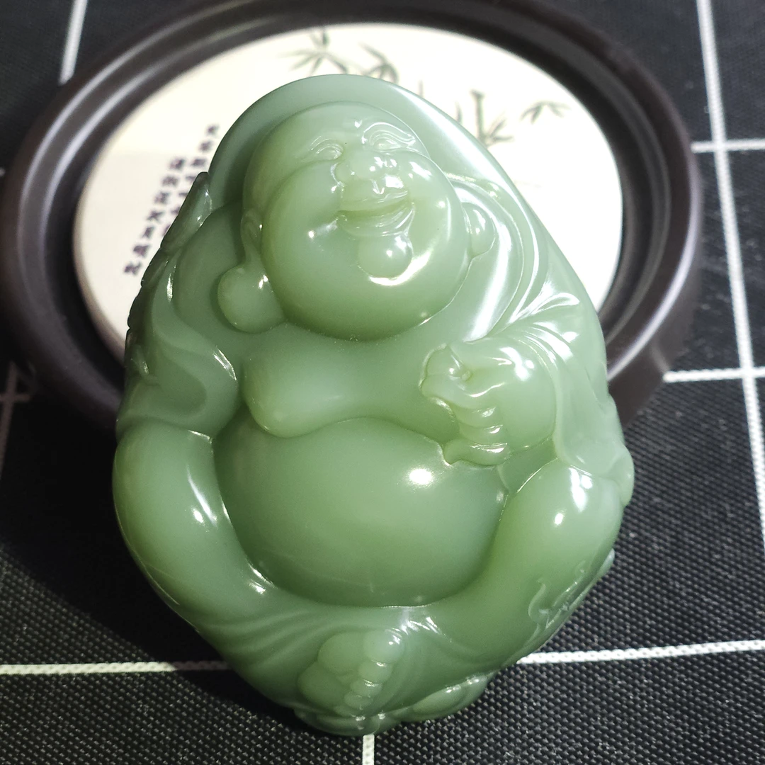 和田玉俄罗斯碧玉粉青大肚弥勒佛公