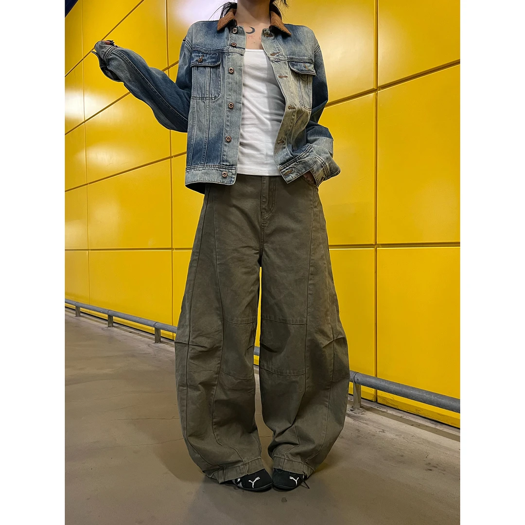 Musini美式复古工装风阔腿裤男女显瘦宽松直筒休闲裤设计感弯刀裤