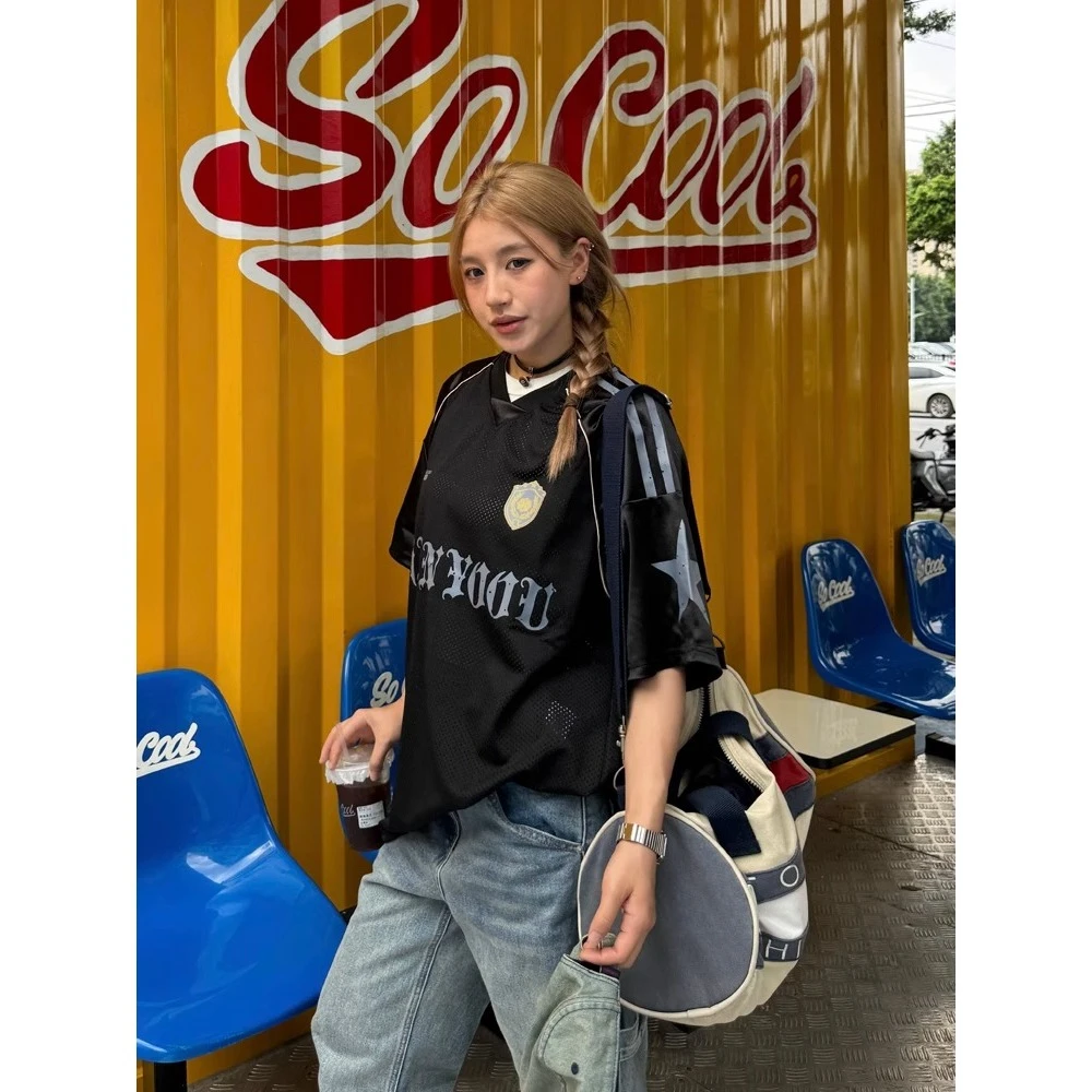 夏季美式复古oversize设计感透气球服男女情侣高街潮牌短袖T恤帅