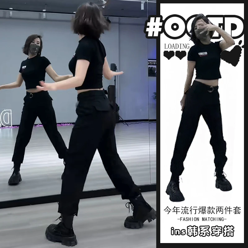 夏季简约休闲时尚印花T恤百搭高腰显瘦气质束脚长裤两件套女