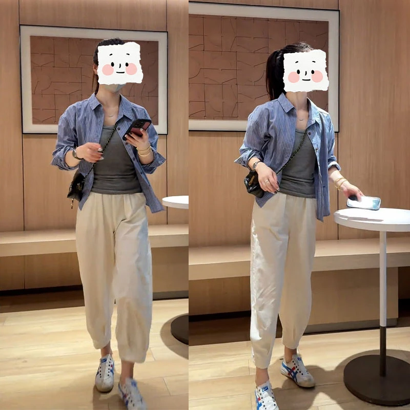 春秋穿搭一整套高级感时尚条纹衬衫休闲裤小个子网红炸街三件套
