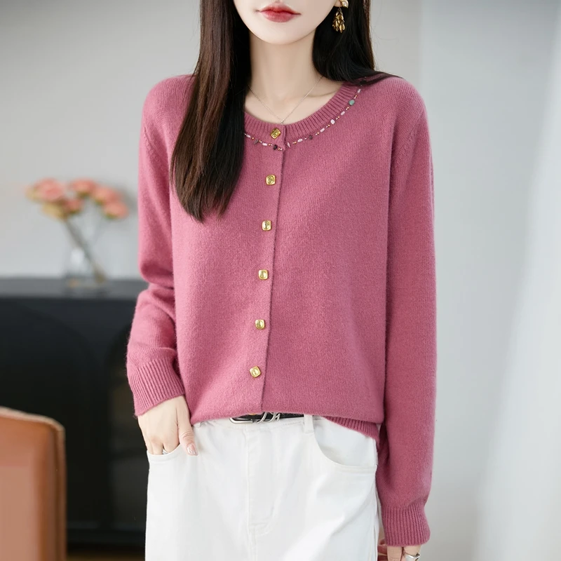 品牌时尚女装秋冬圆领金属扣气质精纺针织开衫钉珠宽松百搭上衣