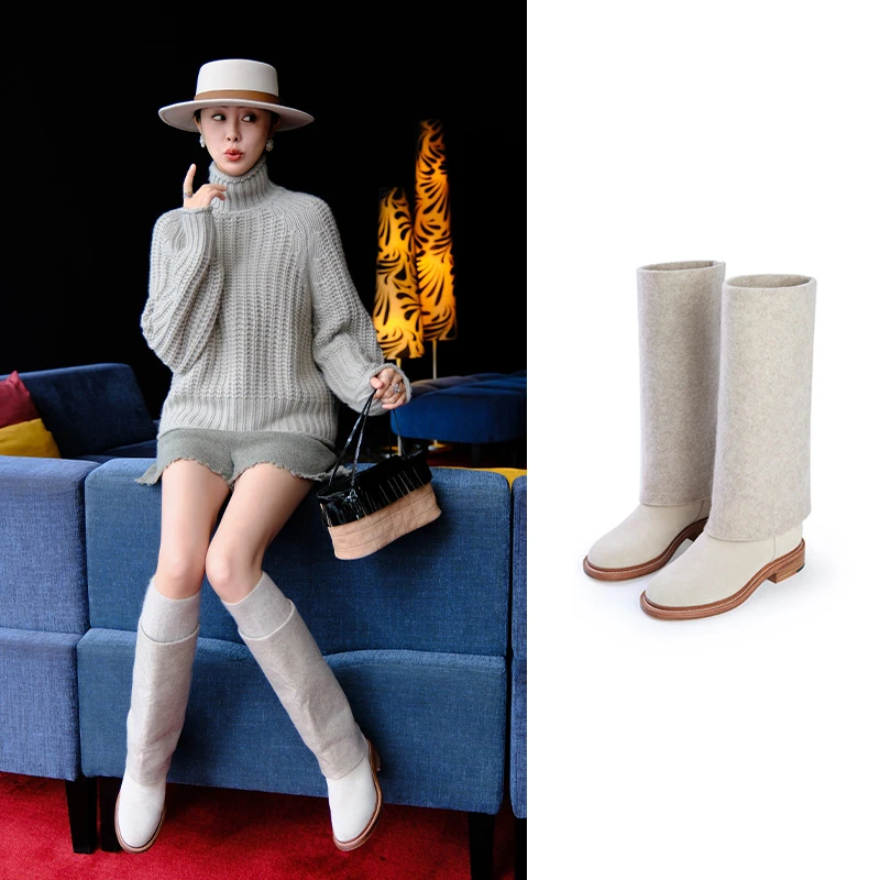 TRAC CHU复古风牛皮拼羊毛软筒马靴百搭舒适老钱风松弛感冬季新品