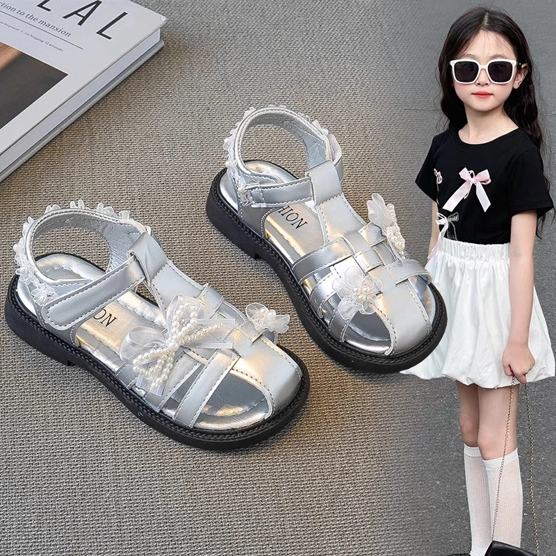 ABC女童夏季凉鞋包头公主鞋2025新款儿童夏鞋小女孩银色夏款软底