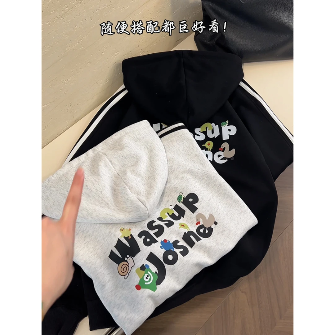 重磅潮牌美式宽松开衫拉链连帽卫衣男女秋冬字母印花运动条纹外套