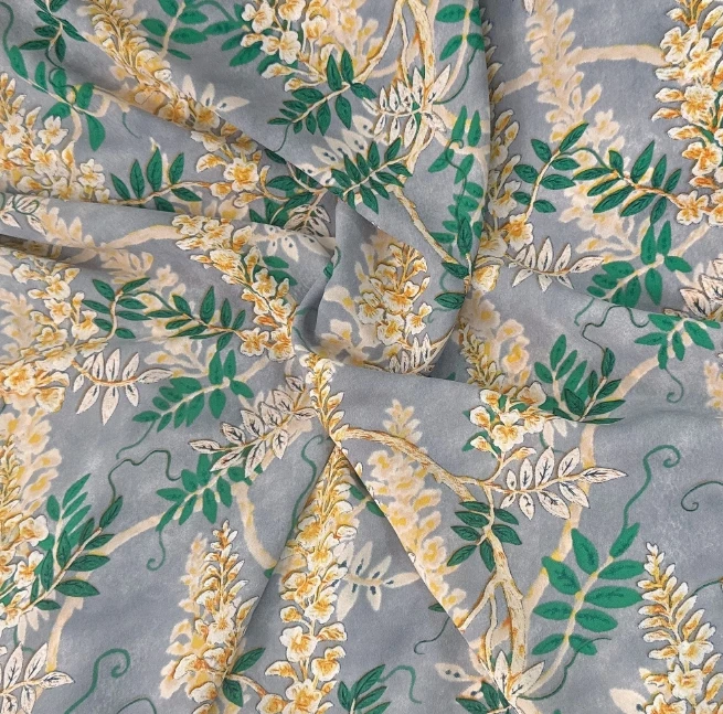 【弹力双绉灰底黄花绿叶】连衣裙面料布料时尚时装面料
