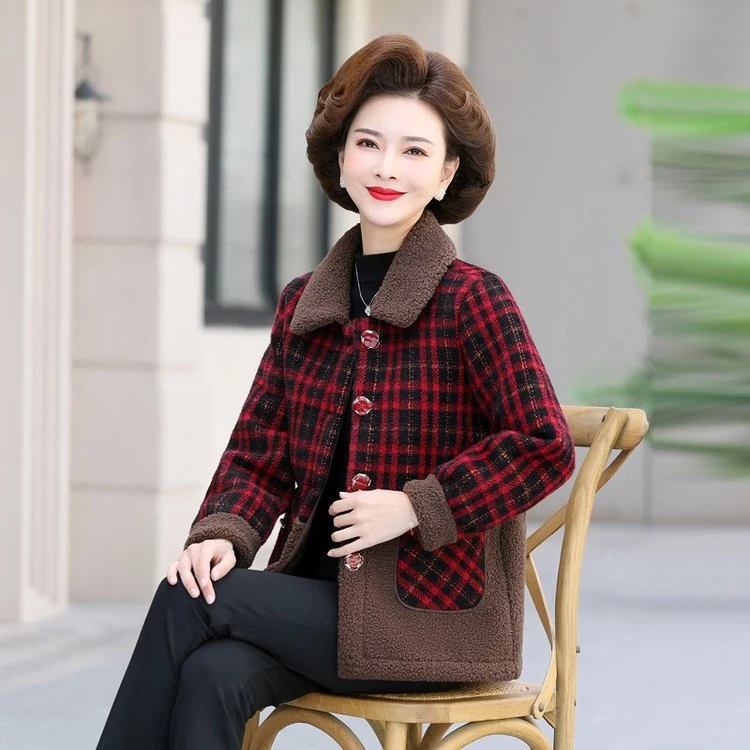妈妈装时尚外套中老年装加绒加厚外套翻领秋冬格子休闲气质外套