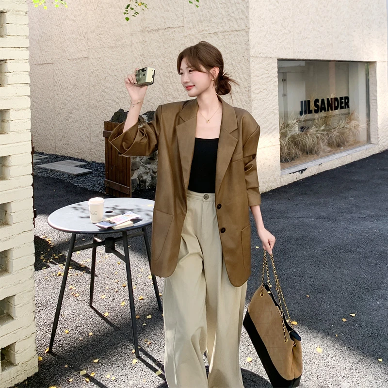 美拉德松弛感皮衣西装2025春秋新款高级感复古韩系通勤风PU皮西服