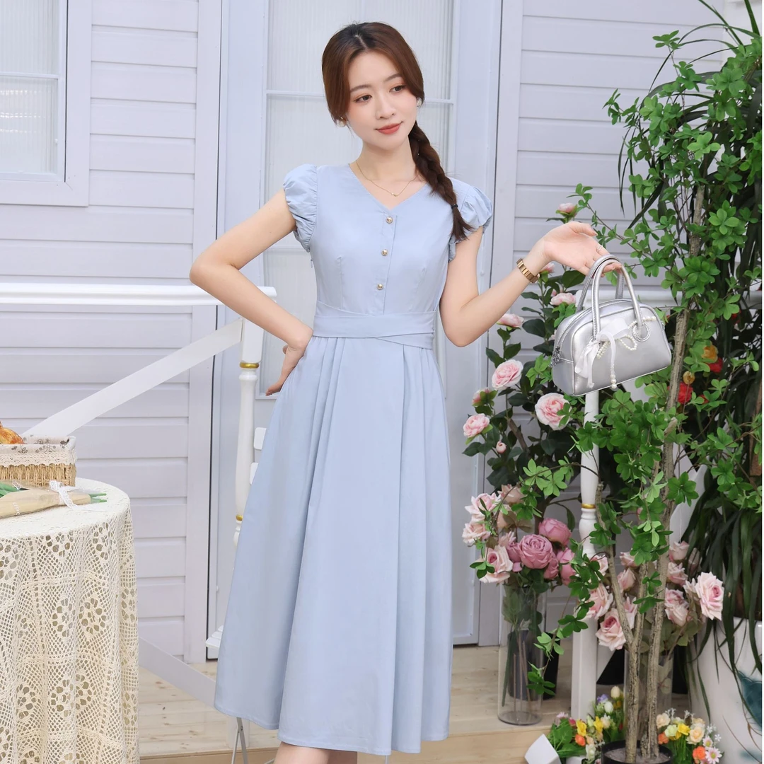 【纤嫚】  夏季新款法式气质优雅通勤时尚简约风纯色收腰显瘦连衣裙