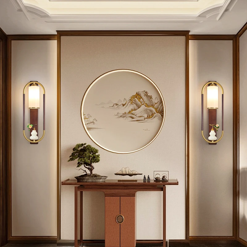 新中式背景墙铜木客厅沙发复古壁灯玄关简约中式禅意卧室壁灯
