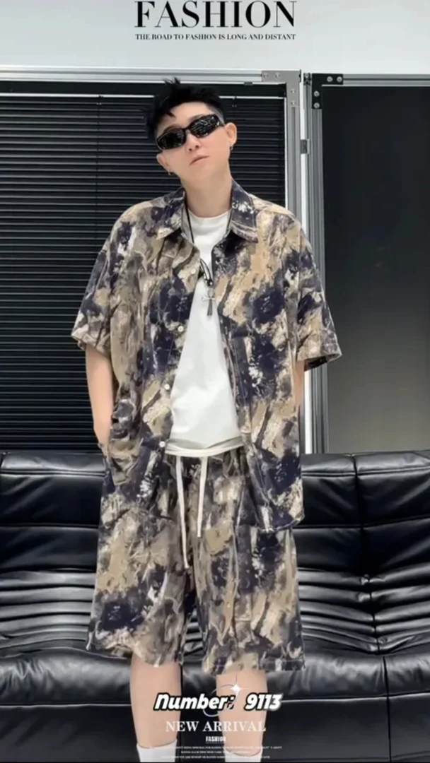 夏季满印花短袖衬衫2025套装沙滩裤休闲复古度假古黑色休闲衬衣男