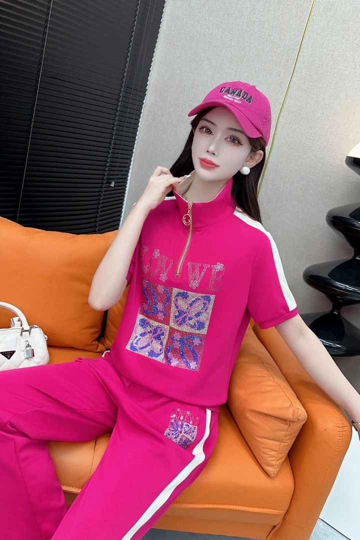 2025夏季烫砖短袖套装中年妈妈装休闲两件套减龄时尚显瘦重工女装
