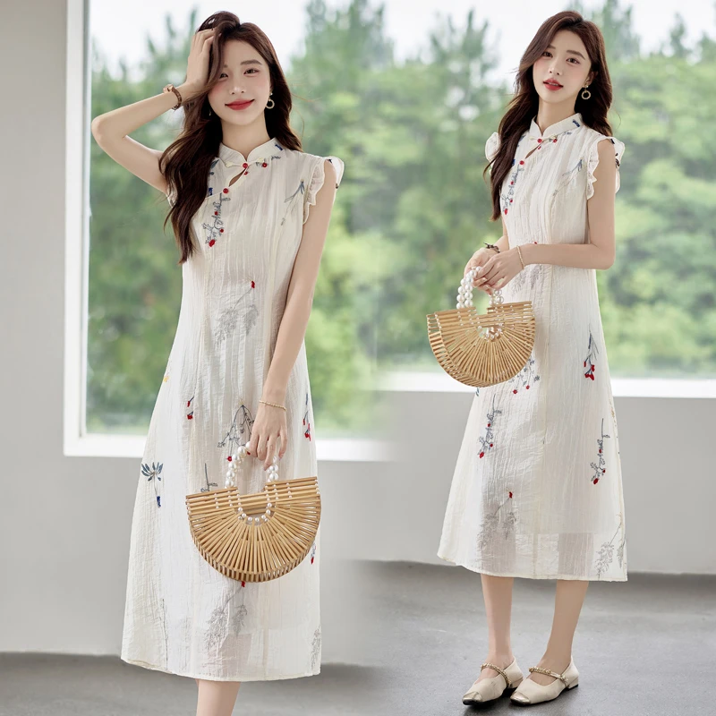 新中式国风改良旗袍连衣裙女2025夏季新款复古盘扣刺绣中长款裙子
