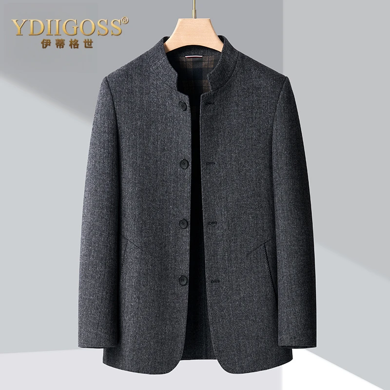 YDIIGOSS羊毛呢西服中年男士秋冬新款双面呢中山装立领西装外套
