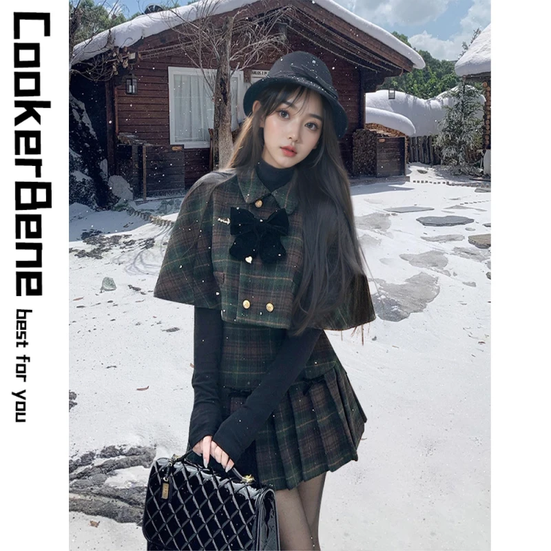 甜美学院风套装女秋冬季千金感毛呢斗篷披肩收腰格纹百褶半身裙子