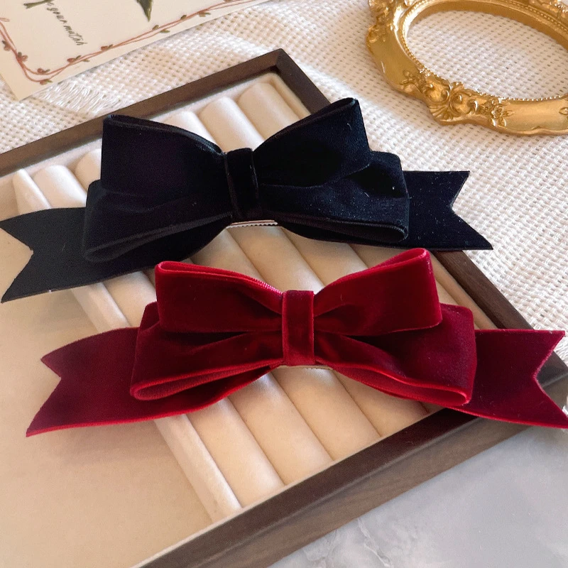 复古秋冬新款植绒酒红结女童发夹女公主立体剪角发饰头饰顶夹