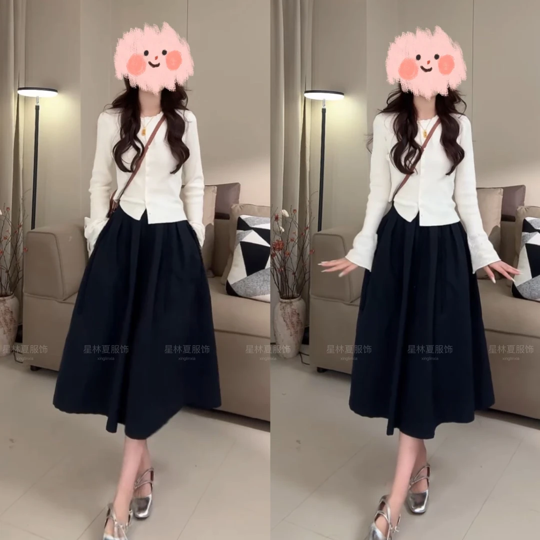 秋款软糯法式气质轻奢拼接圆领长袖针织开衫上衣高腰半身裙两件套