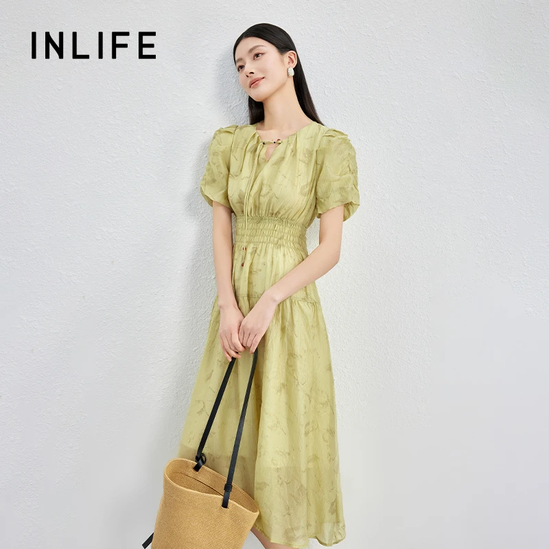 伊纳芙新款 V领连衣裙收腰显瘦气质A字中长裙TOC-24X3L745