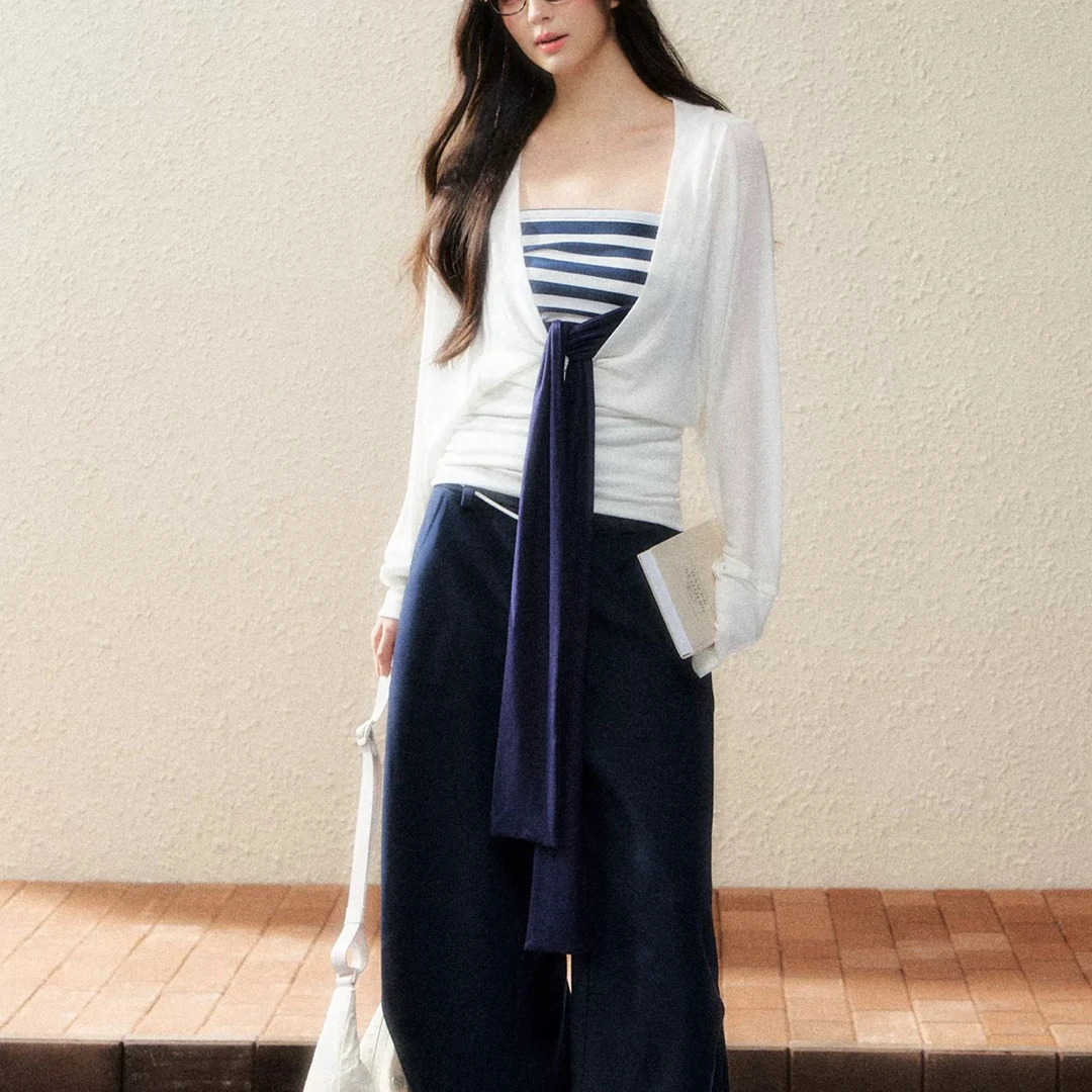 7ShIfeim 设计藏蓝色高腰显瘦休闲裤百搭垂坠感小众阔腿裤女