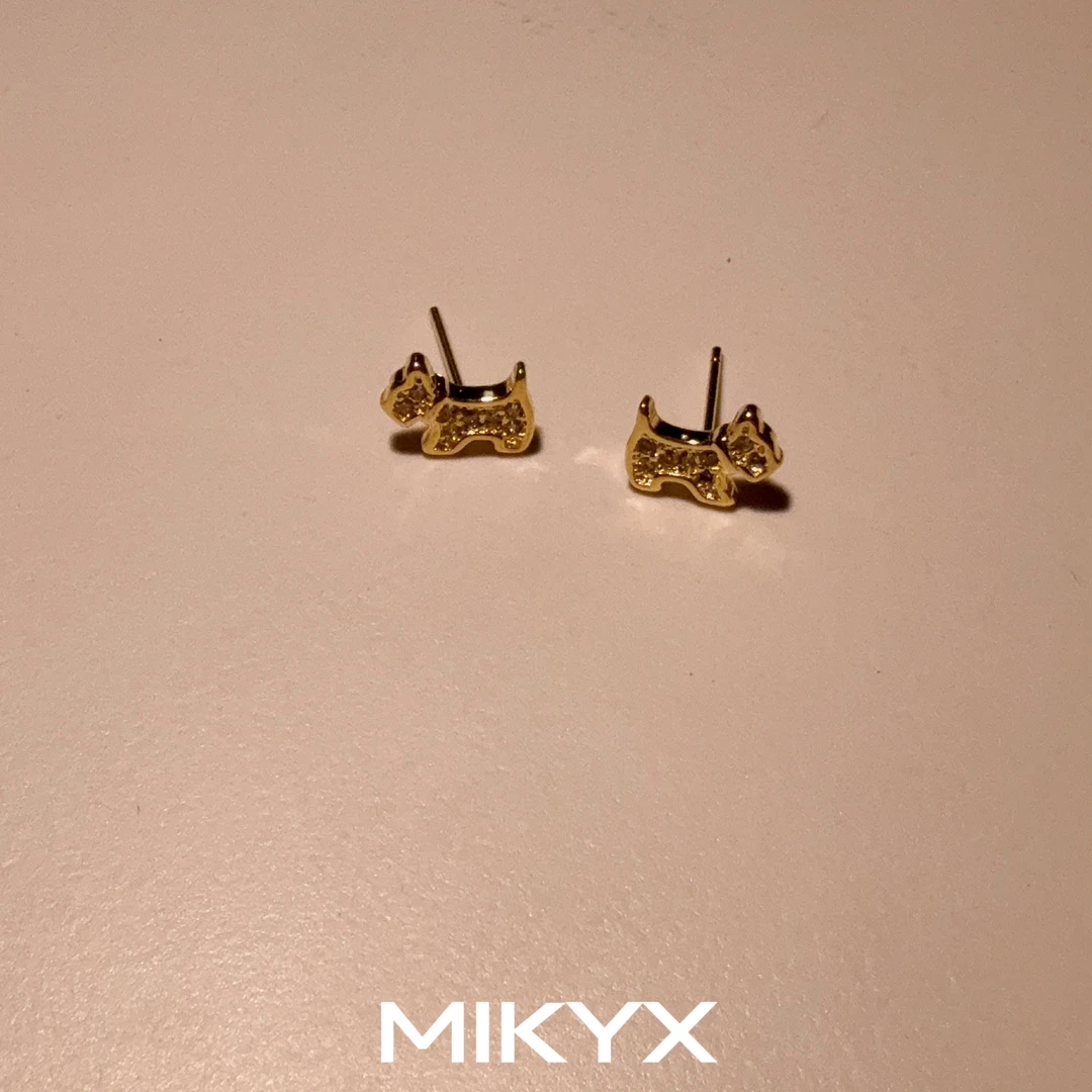 mikyx 铜合金合成锆石耳饰 金色狗狗耳钉B416