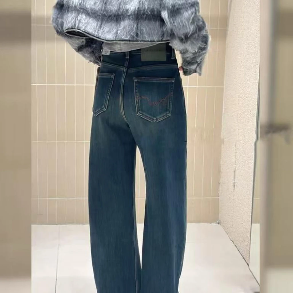 宝宝【100】代98 MWMA加绒直筒裤植绒一体绒高腰蓝色显瘦阔腿裤·