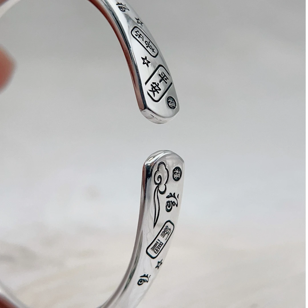 足银手镯 足银圆棍转扁口吉言开口镯