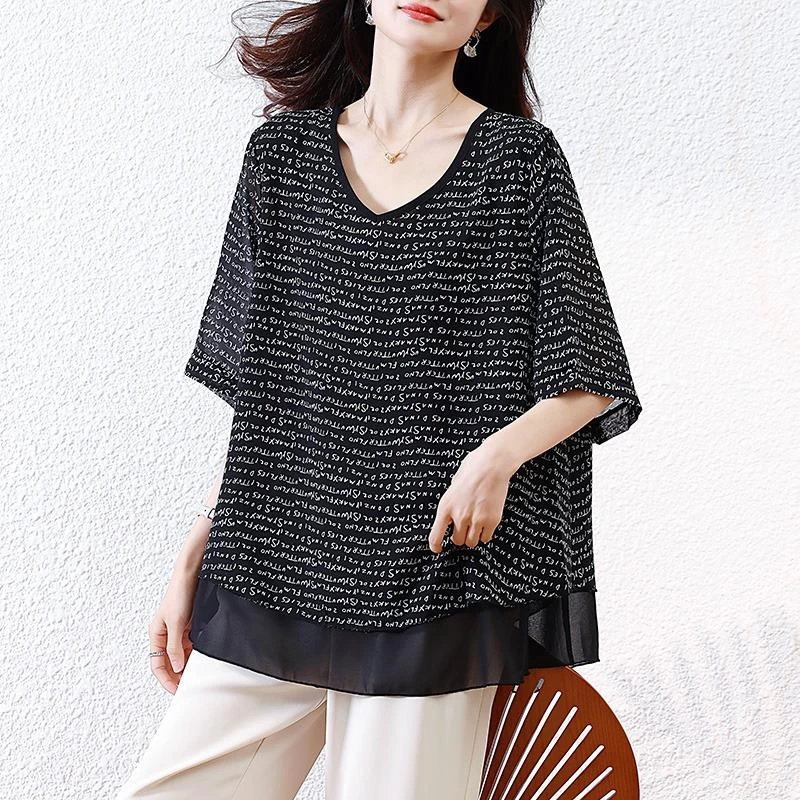 法芬图2025夏季新款v领印花妈妈短袖雪纺衫女士大码宽松胖mm遮肚