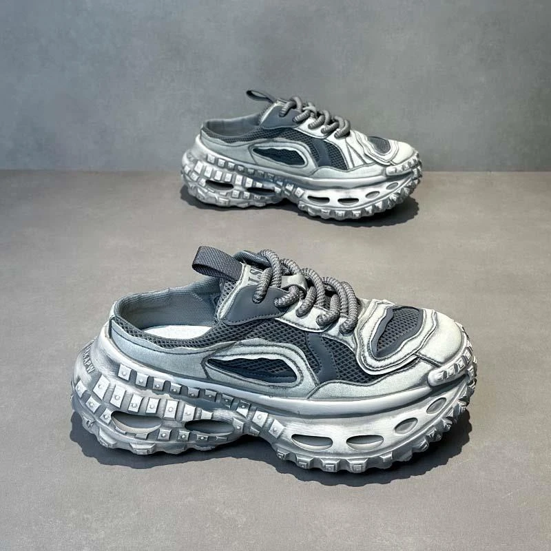 潮牌老爹半拖鞋2025夏季新款舒适透气网面增高轮胎底爆款休闲男鞋