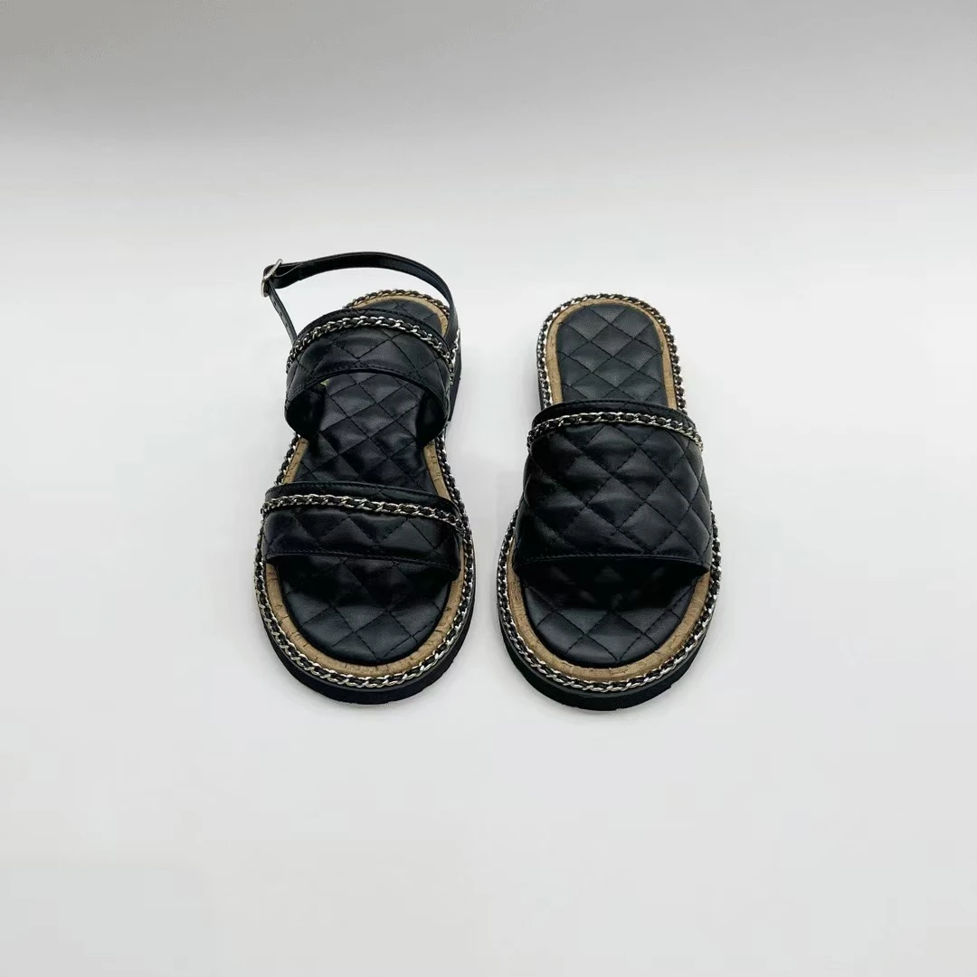 小香风2025夏季新款链条时尚菱格凉鞋