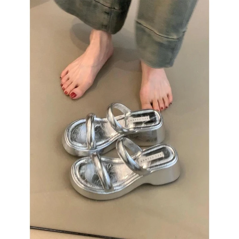 夏之韵粉豹厚底罗马凉鞋女2025新款夏季外穿一字带露趾沙滩拖鞋子