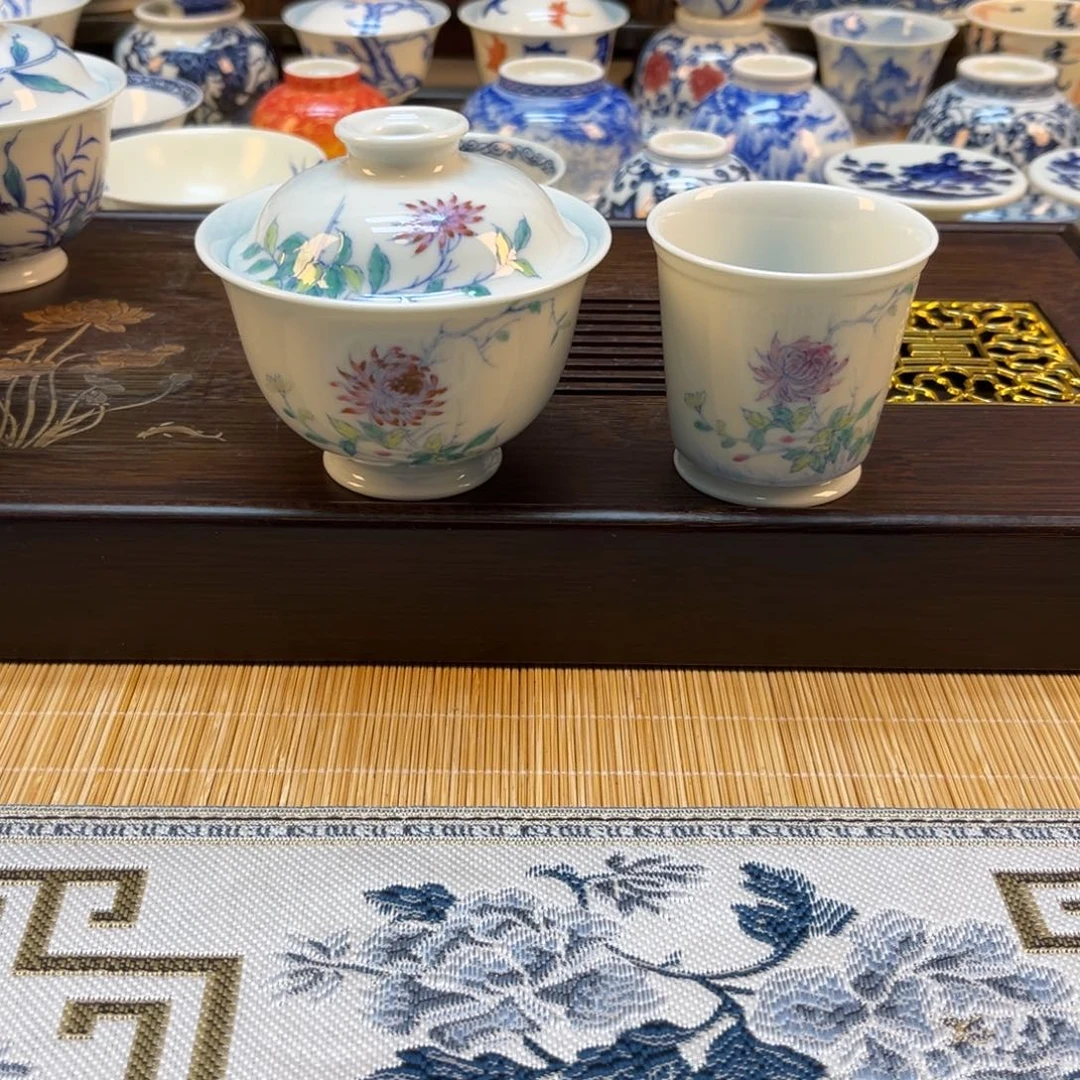 纯手工手绘君子菊2件套盖碗+主人杯