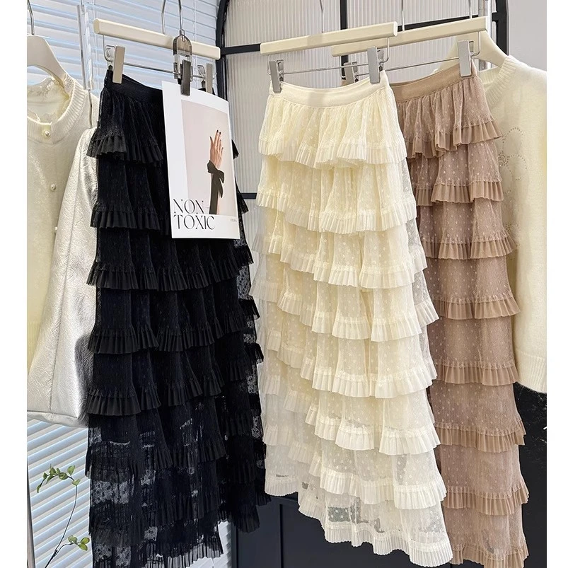 韩版圆点多层网纱蛋糕裙半身裙春新款高腰仙女蓬蓬纱裙长裙子8951